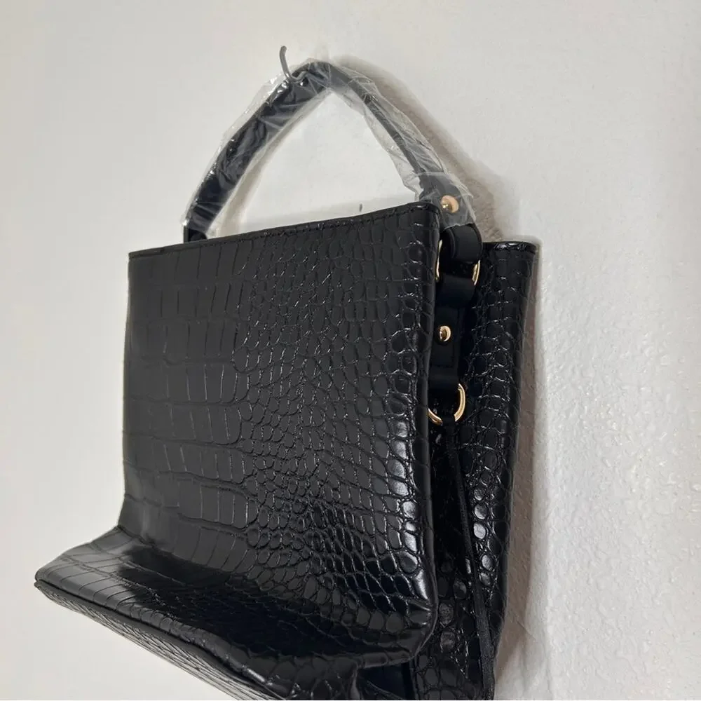 Aota Elena Bucket Bag Black Vegan Leather Crocodile Embossed-Crossbody Strap-NWT